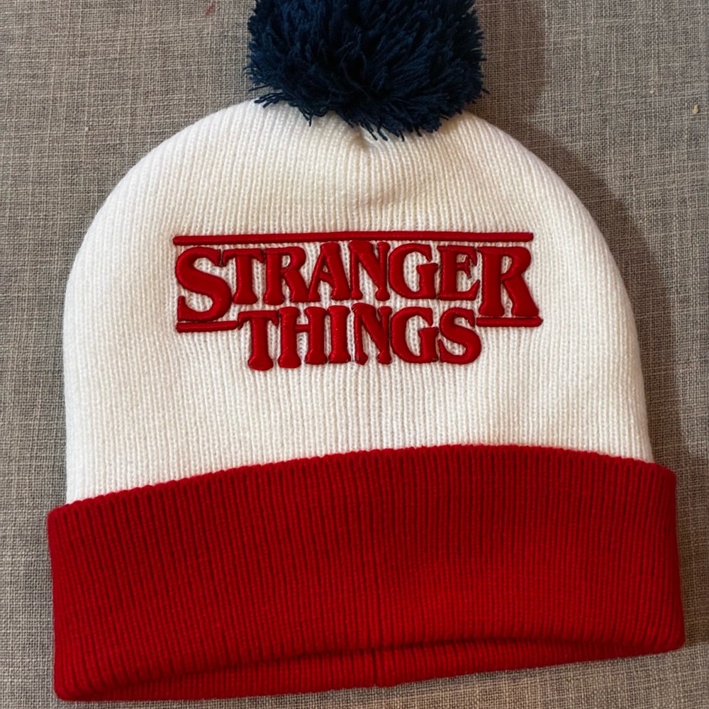 Netflix Stranger Things White and Red Beanie Toboggan Black Blue Pom Pom